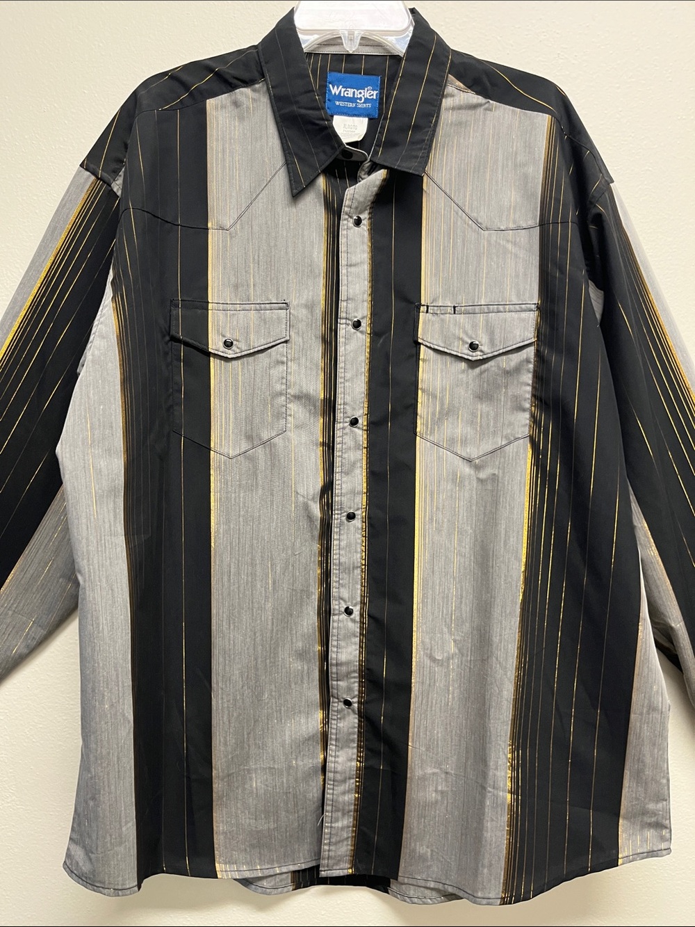 Wrangler Black & Metallic Gold Striped Western Shirt w/ Pearl Snaps Size XL
